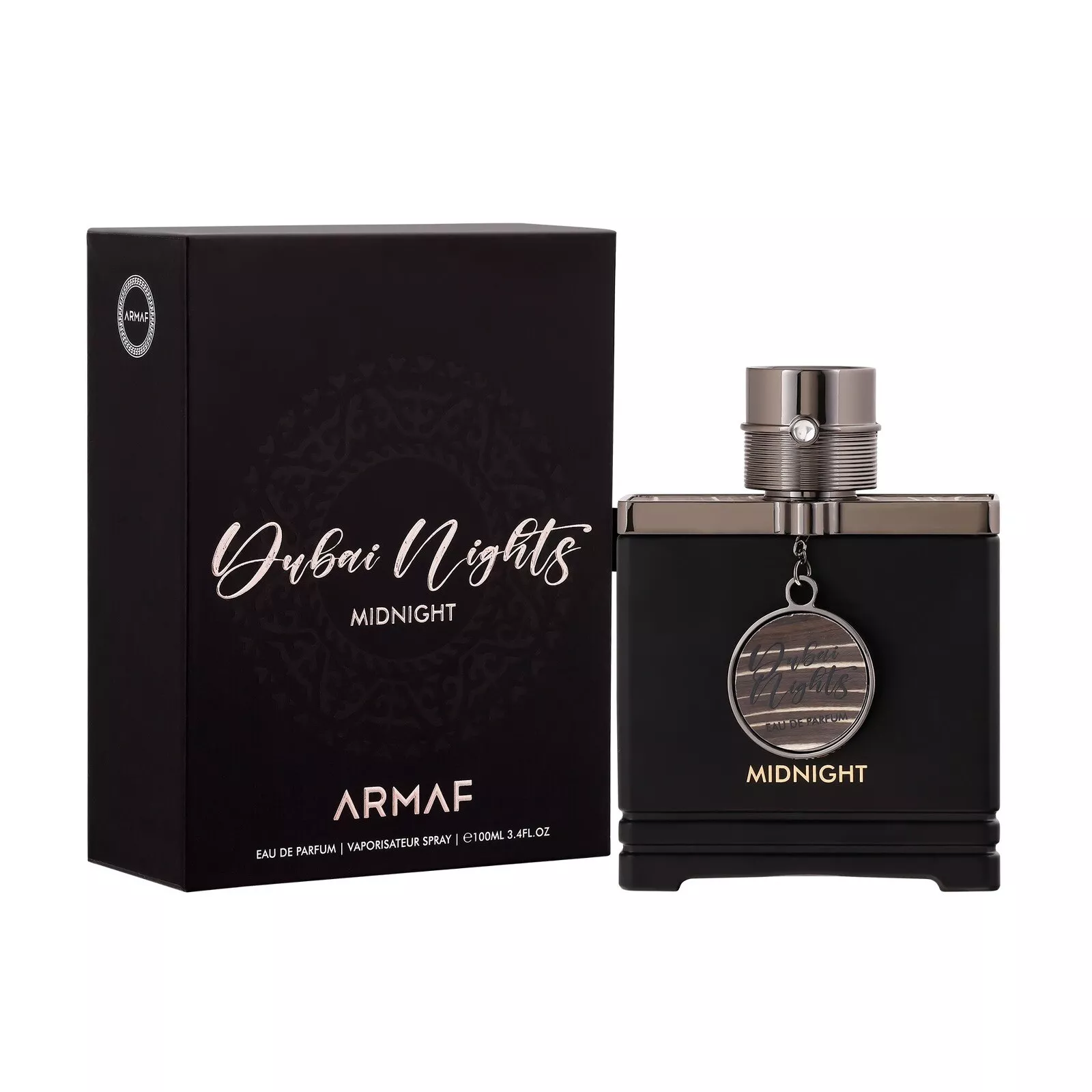 Perfume masculino Armaf Dubai Nights Midnight em frasco preto com embalagem preta.