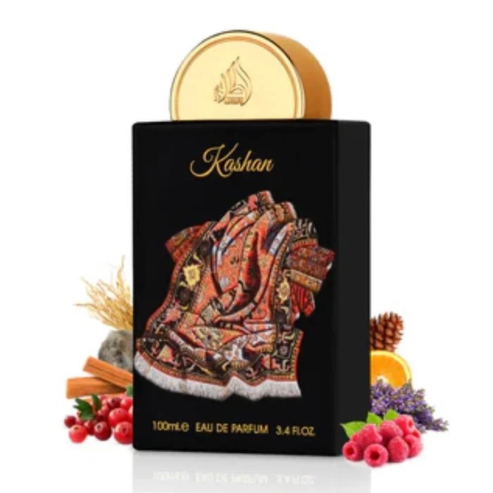 Frasco de perfume Kashan preto com tampa dourada e padrão persa colorido com frutas e especiarias ao redor