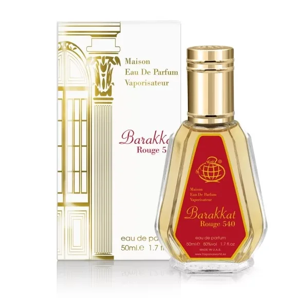 Frasco de perfume Barakkat Rouge 540 com embalagem branca e detalhes dourados