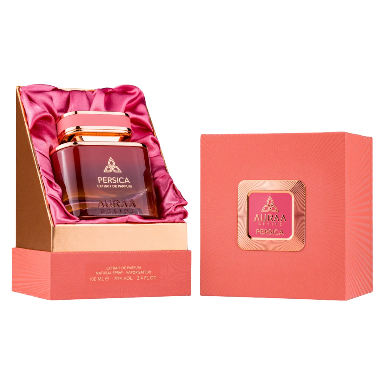Frasco de perfume PERSICA Extrait de Parfum da AurAa Desire numa caixa rosa com interior cetim.