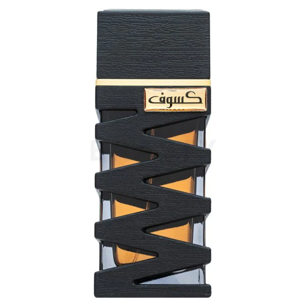 Frasco de perfume preto com design em ziguezague e líquido âmbar