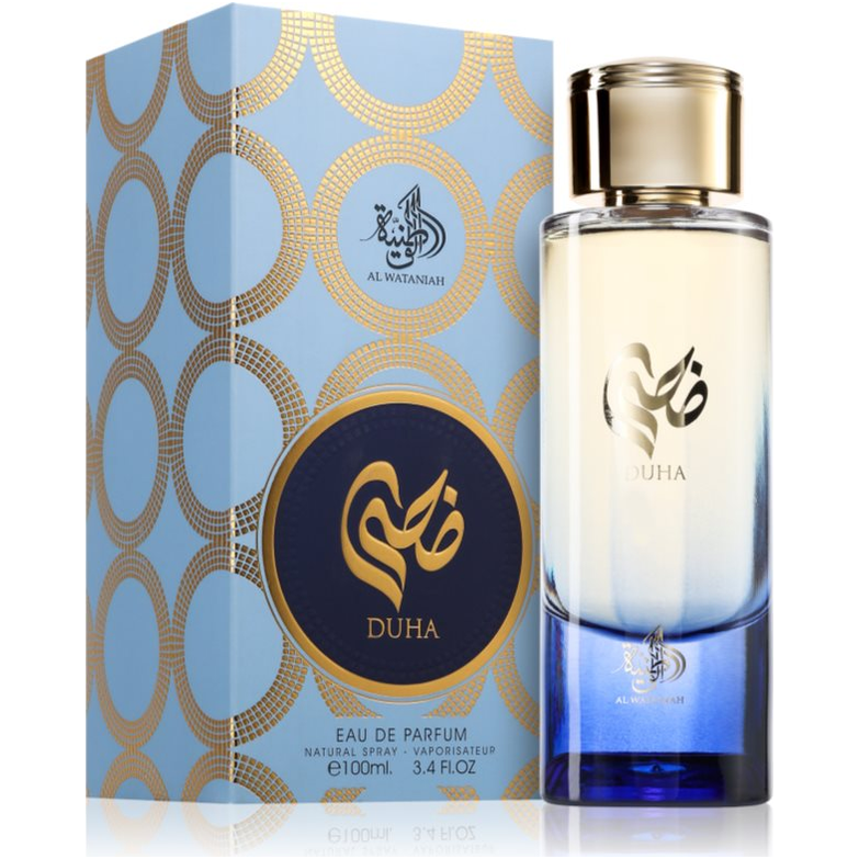 Frasco de perfume DUHA com caixa azul decorada