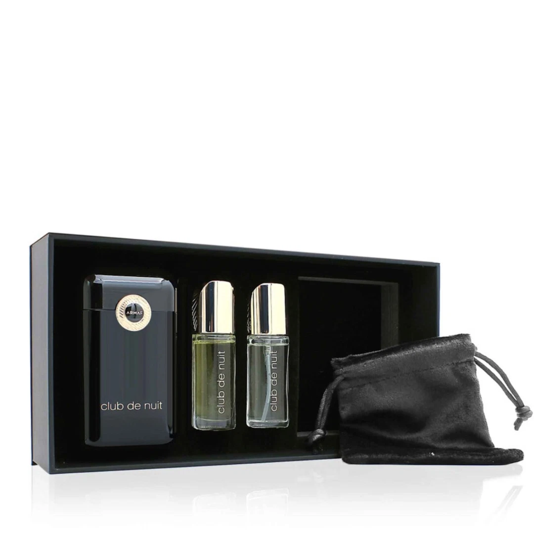 Conjunto de perfume Club de Nuit com frascos e bolsa preta numa caixa preta