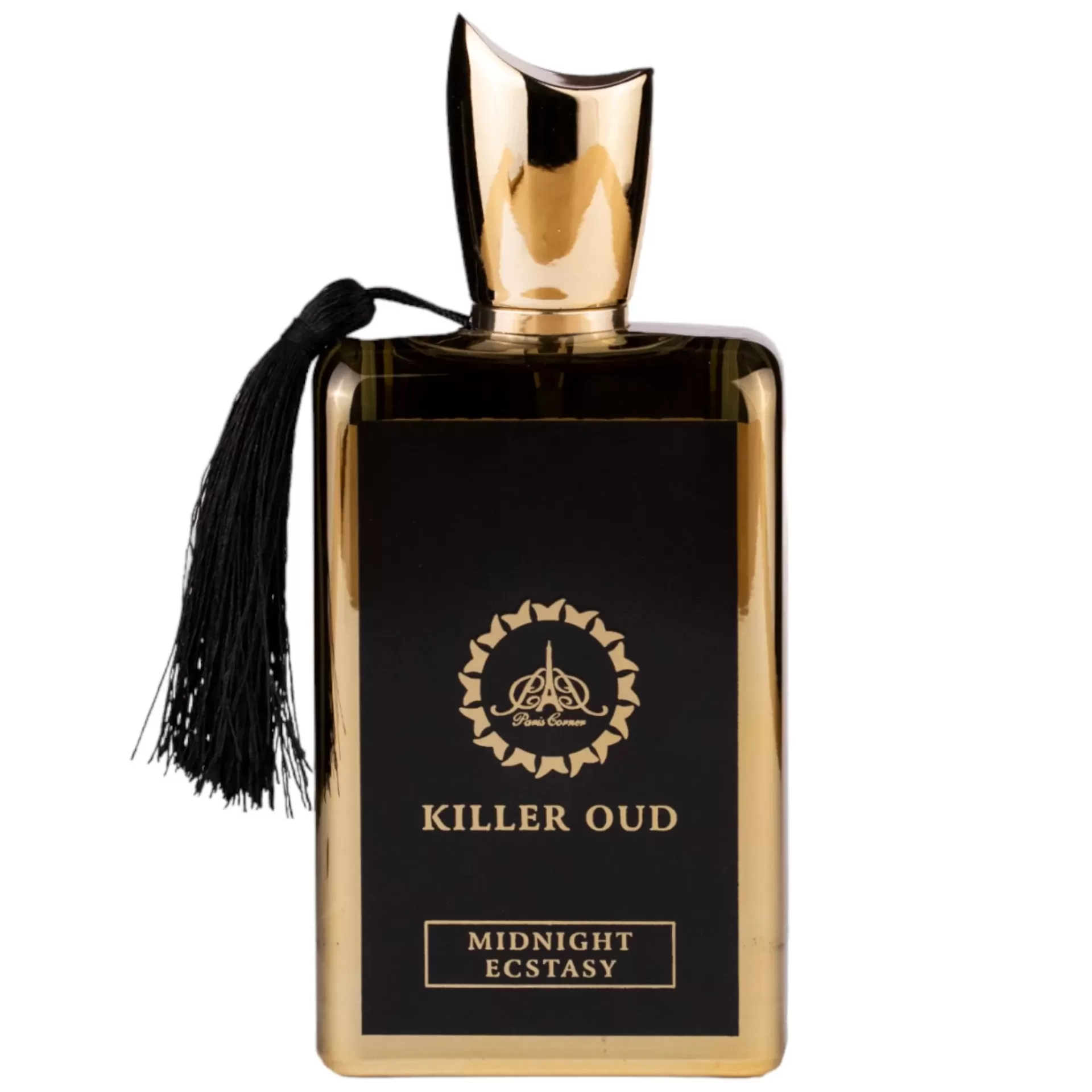 Garrafa dourada de perfume Killer Oud Midnight Ecstasy com etiqueta preta e tassel preto