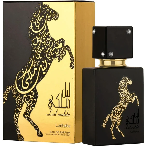 Frasco e caixa de perfume Lattafa Lail malek preto e dourado com desenho de cavalo
