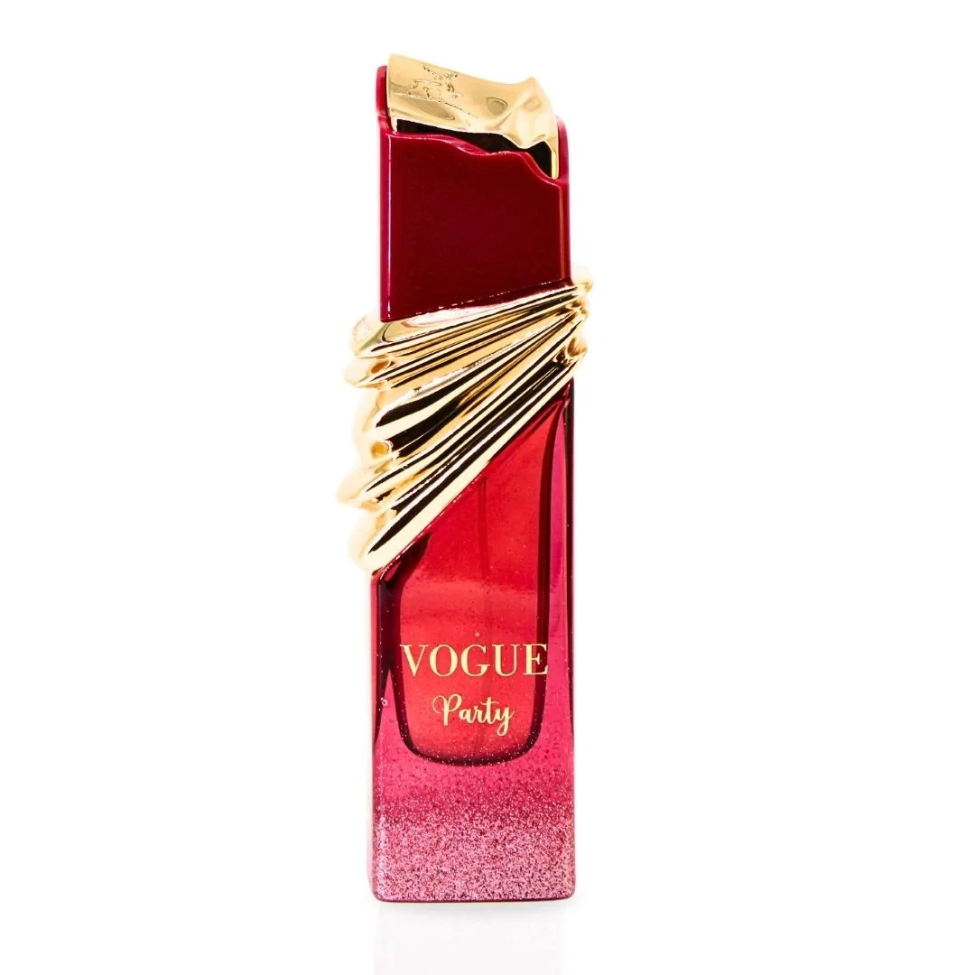 Frasco de perfume vermelho com detalhes dourados e texto VOGUE Party