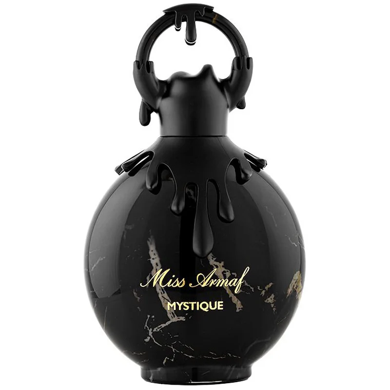 Frasco de perfume preto com efeito derretido e texto dourado
