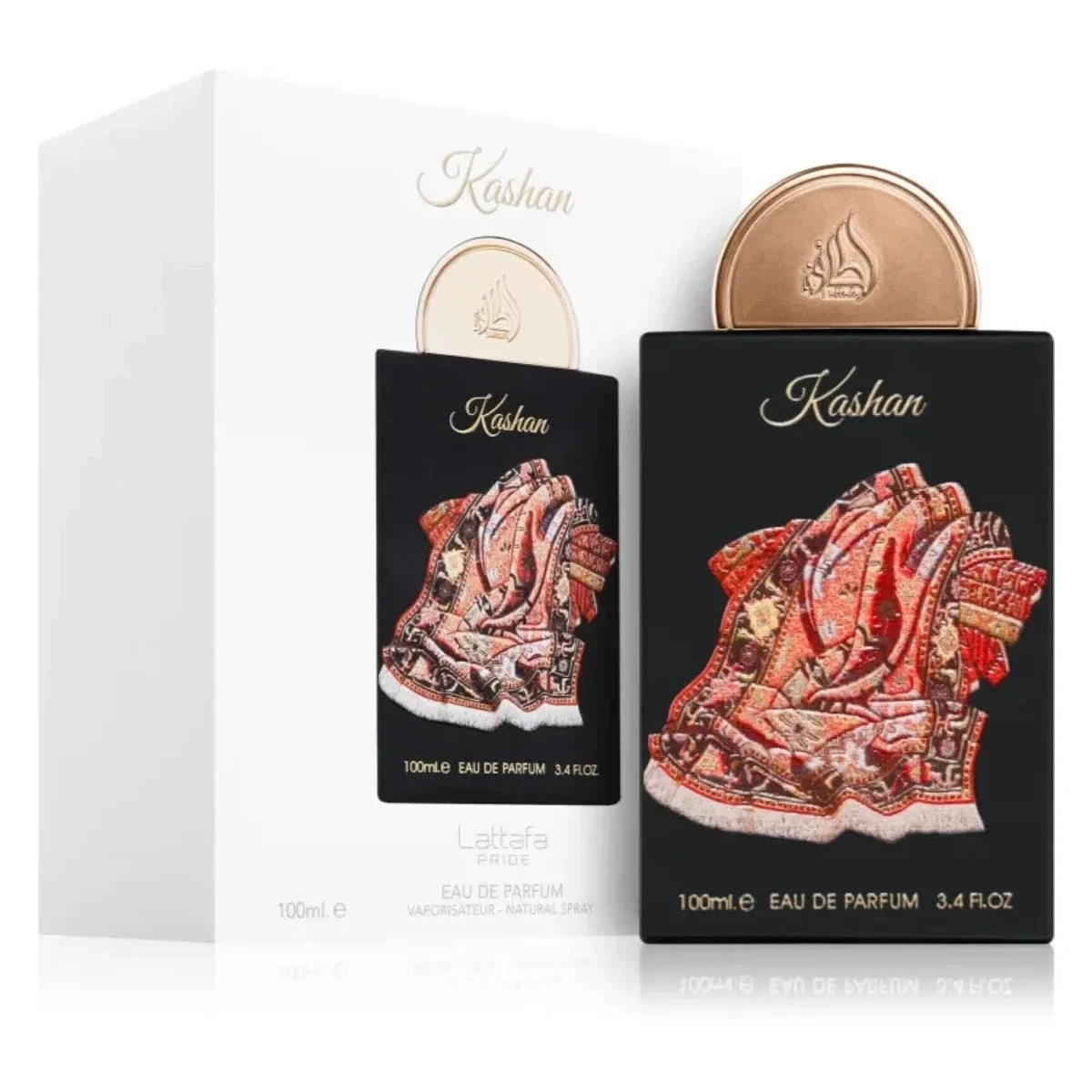 Frasco e caixa de perfume Kashan preto com padrão oriental vermelho e bege