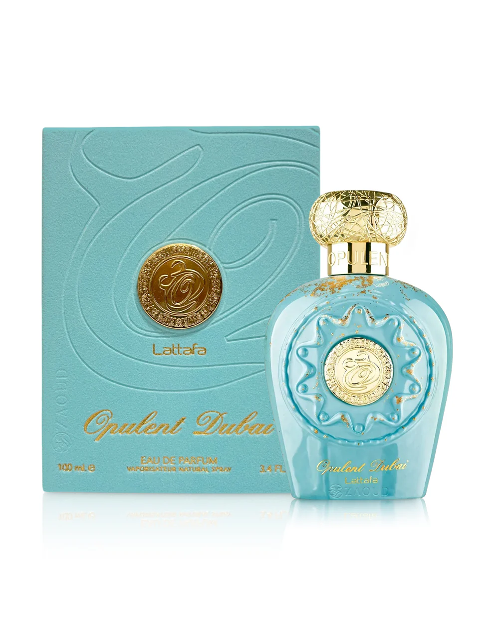 Perfume Opulent Deluxe Lattafa, frasco azul com detalhes dourados e caixa azul
