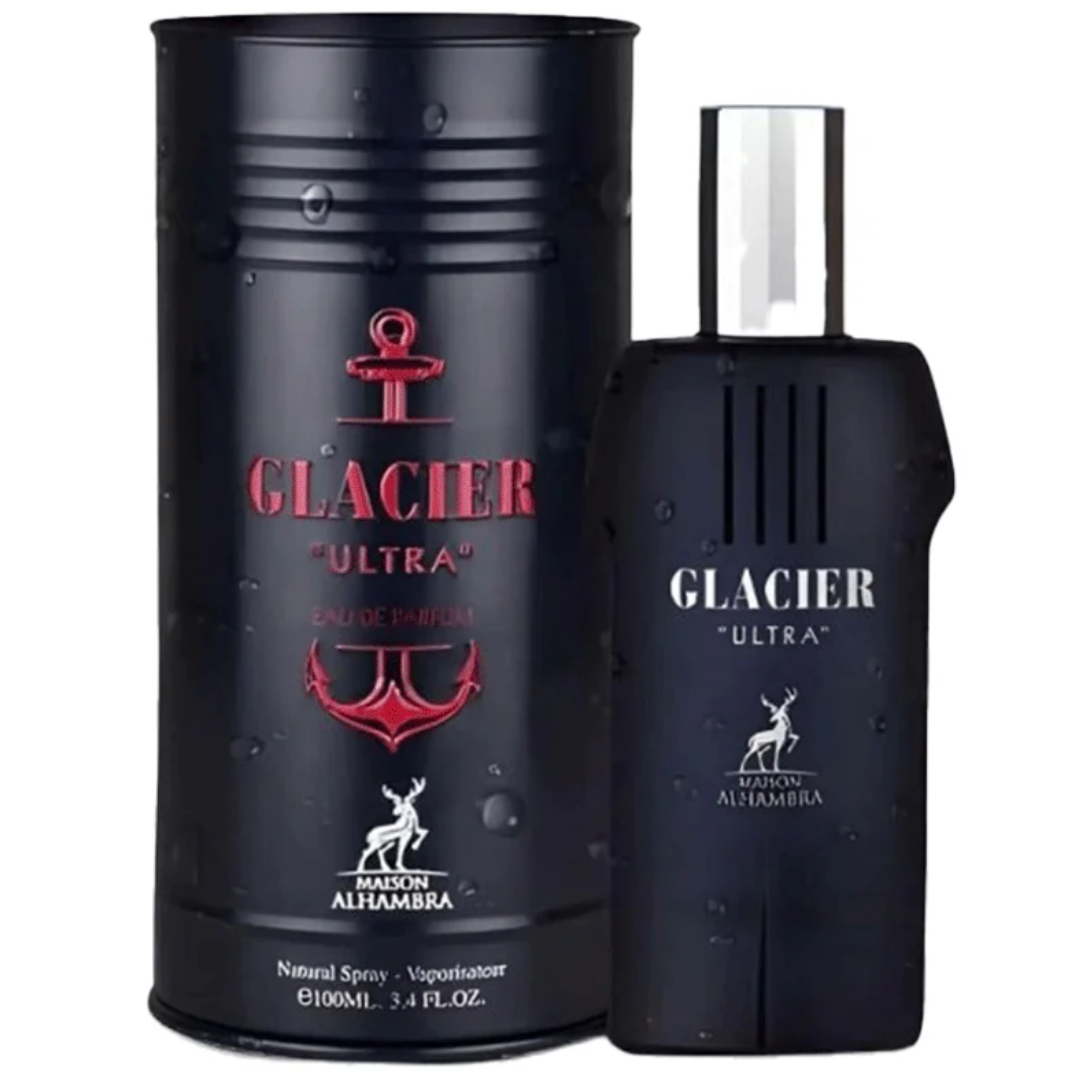 Frasco preto de perfume Glacier Ultra e embalagem cilíndrica preta ao lado