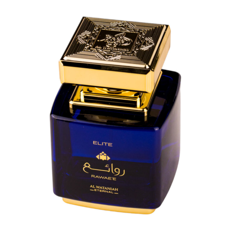 Frasco de perfume azul escuro com tampa dourada decorada