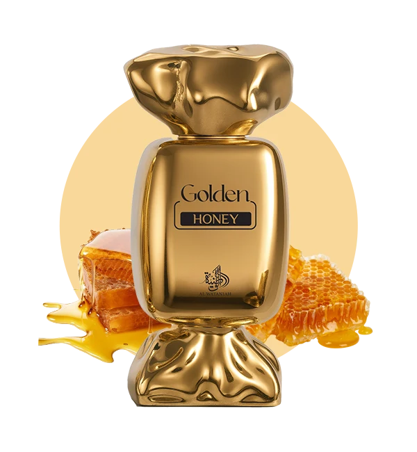 Frasco dourado tipo doce com rótulo Golden HONEY e favo de mel ao fundo