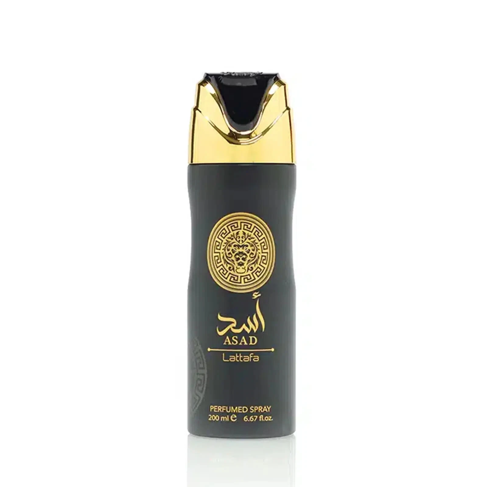 Spray perfumado Asad Lattafa preto com tampa dourada