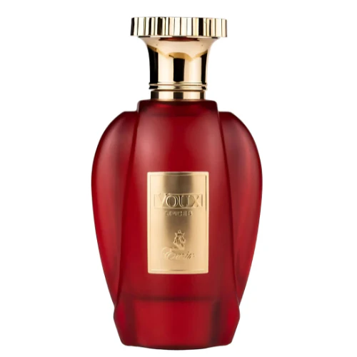 Frasco de perfume vermelho com tampa dourada