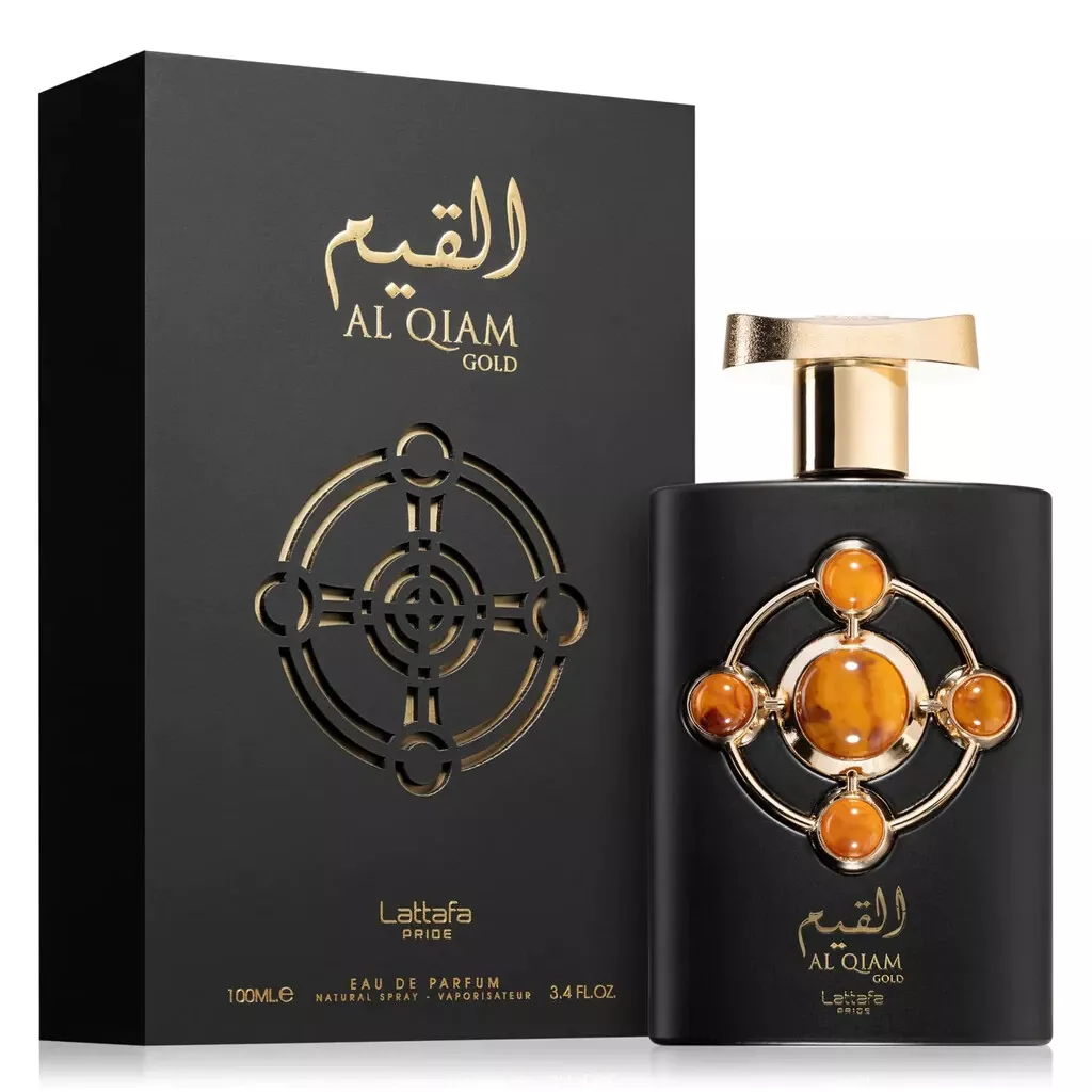 Frasco e embalagem de perfume Al Qiam Gold preto e dourado com texto em árabe e inglês