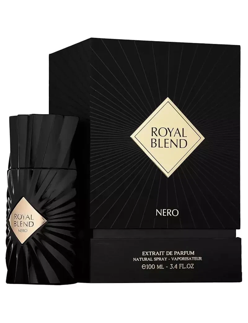 Frasco e caixa de perfume Royal Blend Nero preta com detalhes dourados