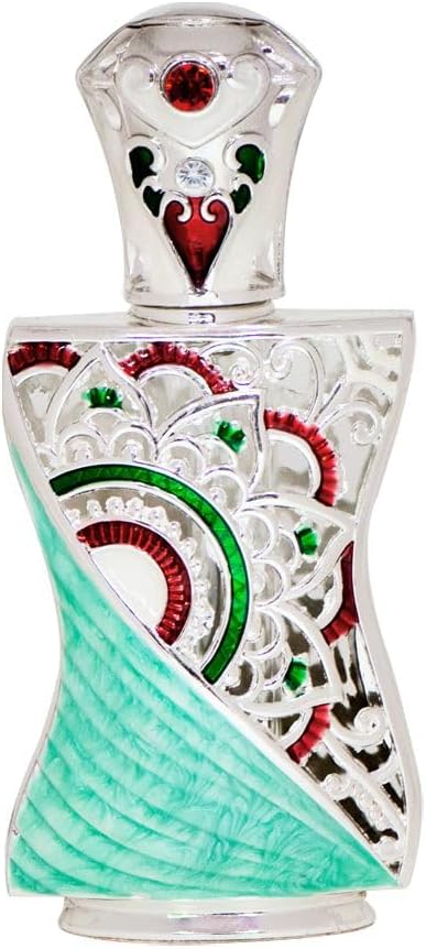 Frasco de perfume decorativo prateado com pedras coloridas e textura turquesa