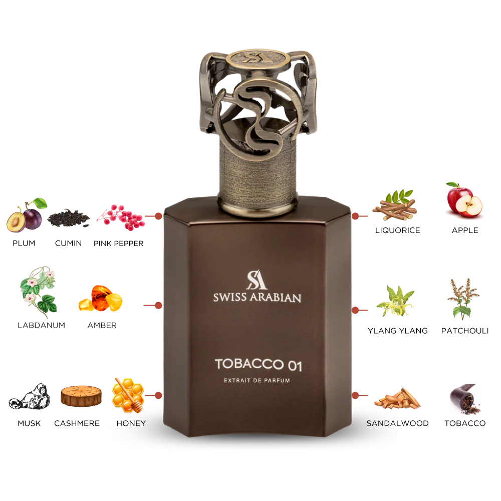 Frasco de perfume Swiss Arabian Tobacco 01 em vidro castanho com tampa decorativa prateada