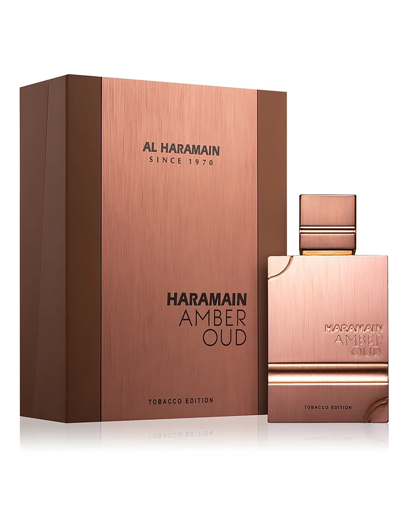 Frasco e embalagem bronze metálico do perfume Al Haramain Amber Oud Tobacco Edition