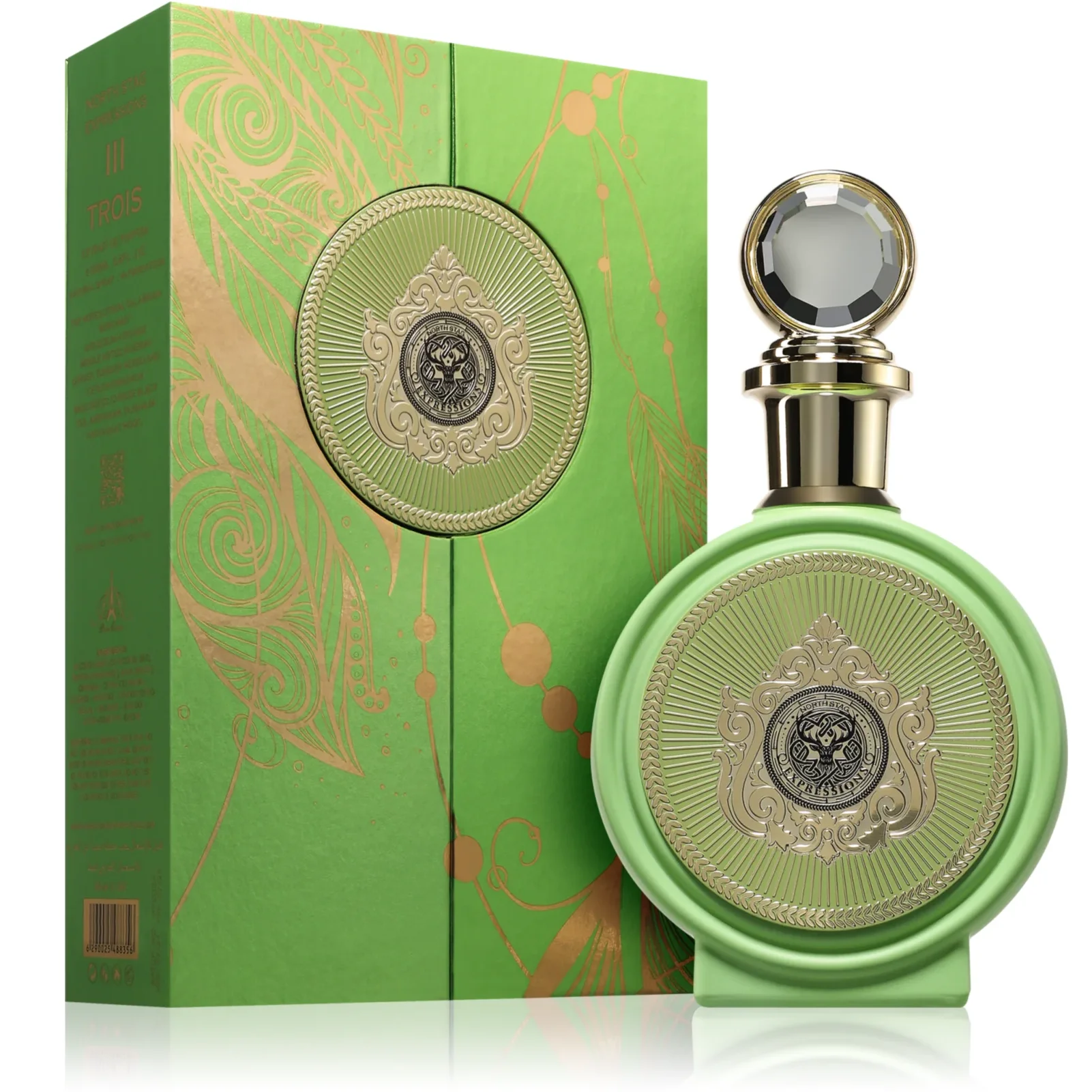 Frasco de perfume verde com detalhes dourados e caixa de embalagem verde