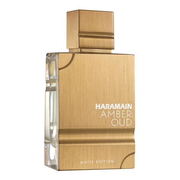Frasco de perfume Haramain Amber Oud White Edition metálico dourado fosco com texto branco