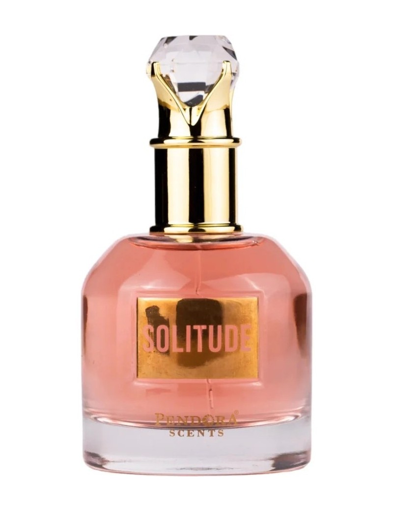 Frasco de perfume SOLITUDE da marca Pandora Scents com líquido rosa e tampa dourada com diamante
