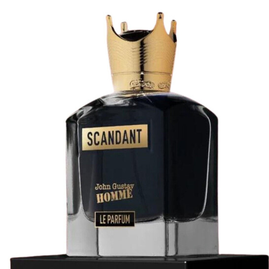 Frasco de perfume preto com tampa dourada em forma de coroa e rótulos dourados