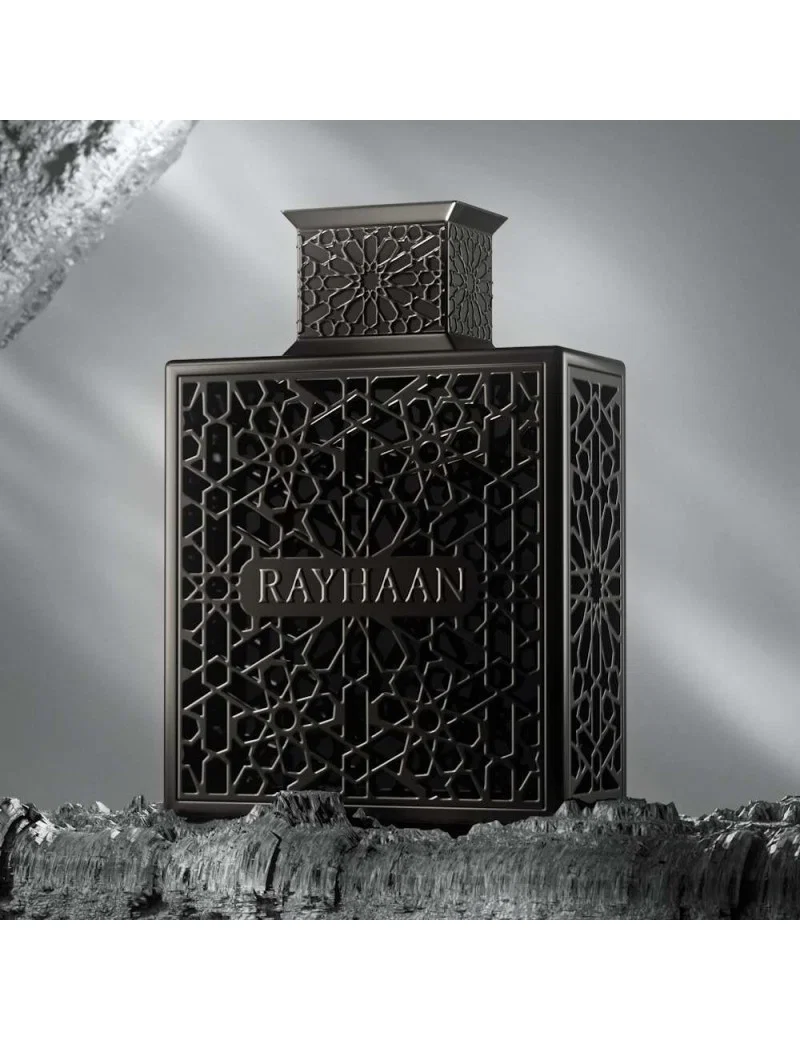 Frasco preto decorativo com texto RAYHAAN em relevo