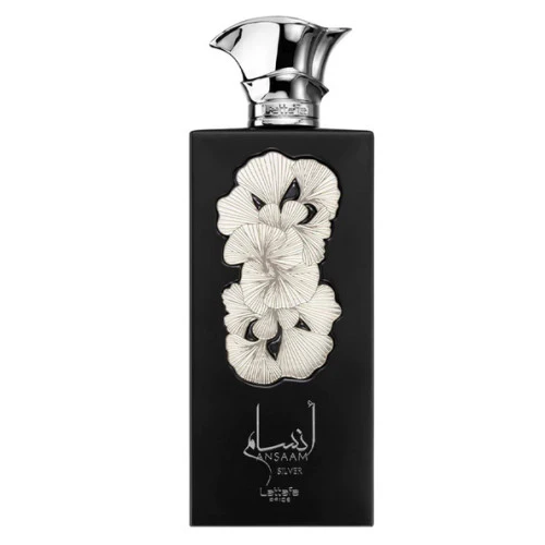 Frasco de perfume preto com flores brancas em relevo e tampa prata