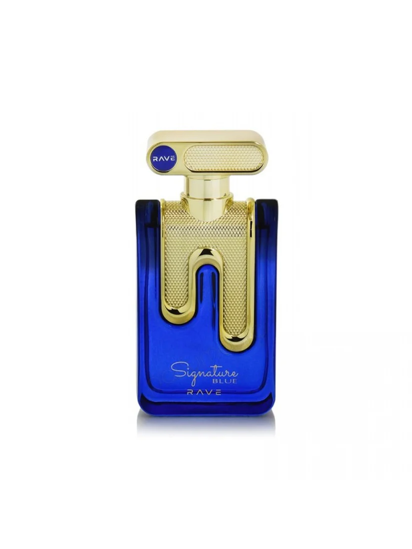 Frasco de perfume azul e dourado RAVE Signature BLUE