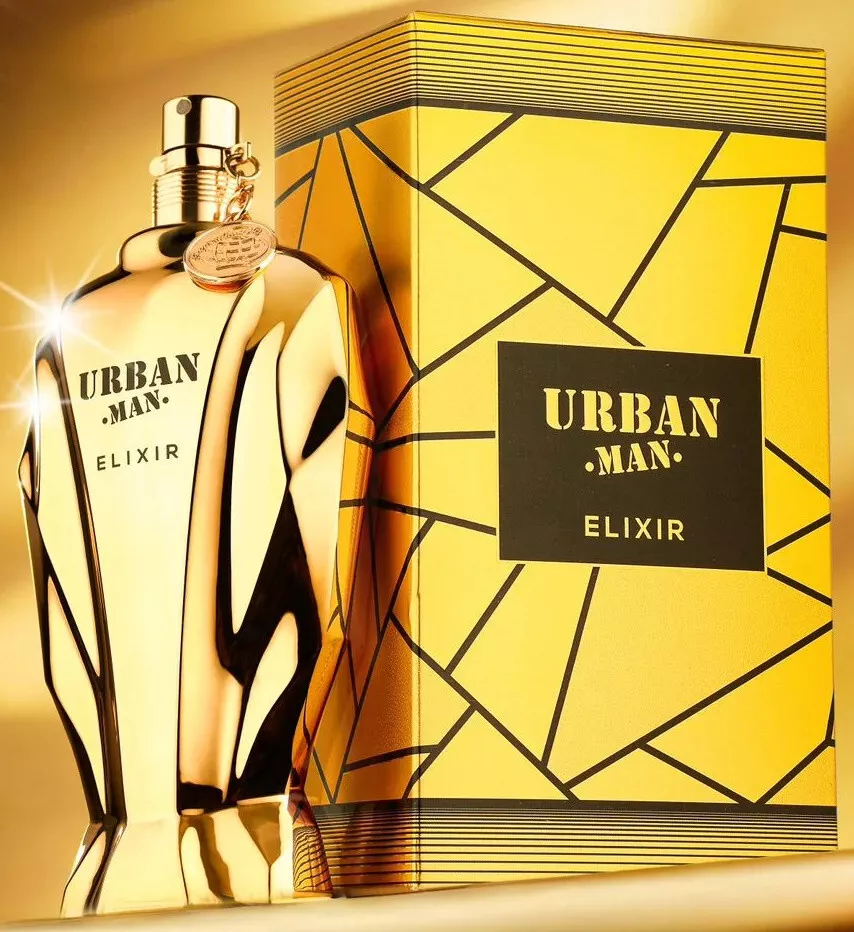 Frasco de perfume dourado e caixa amarela URBAN MAN ELIXIR