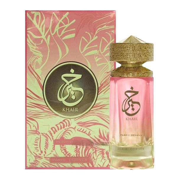Perfume KHAIR em frasco de vidro rosa com tampa dourada e caixa decorada em rosa e dourado