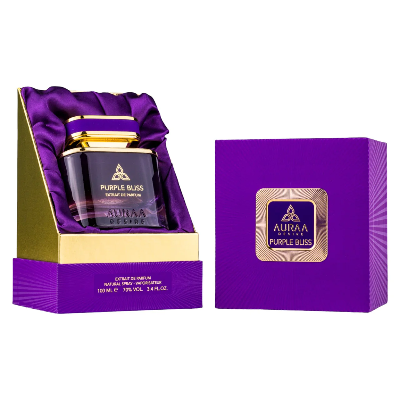 Perfume Purple Bliss AURAA DESIRE em embalagem roxa com texturas douradas e tecido acetinado.