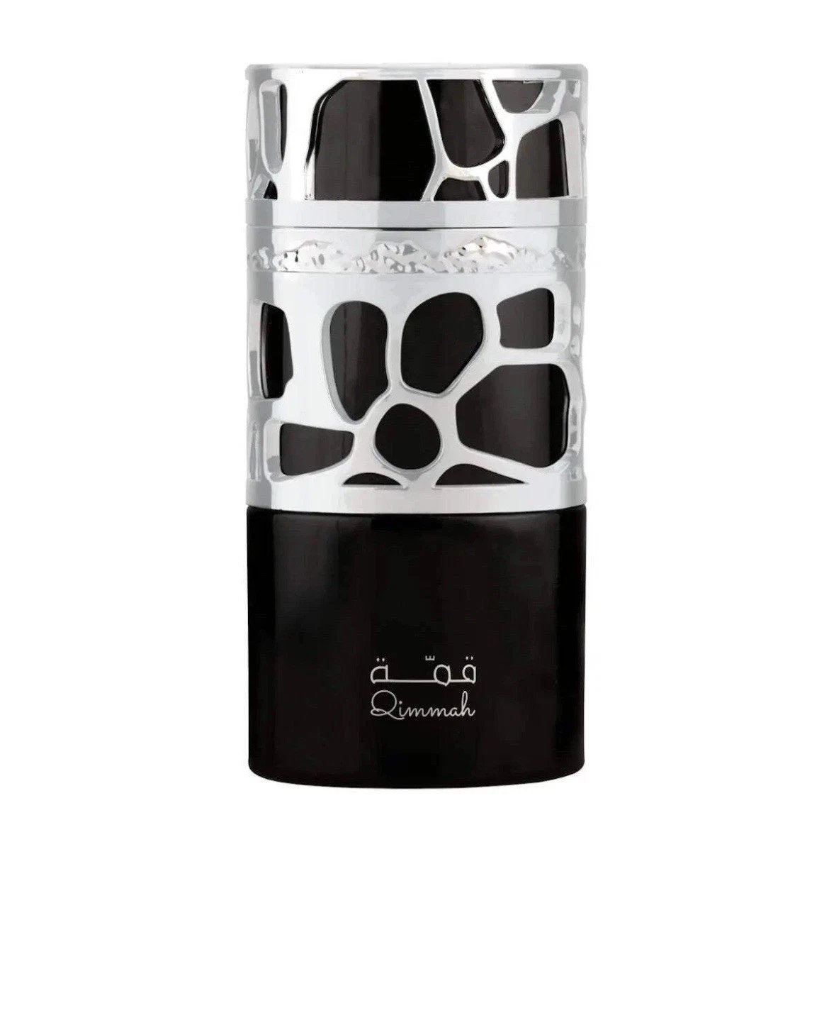 Frasco de perfume preto com tampa prateada decorada com padrão irregular e texto Qimmah
