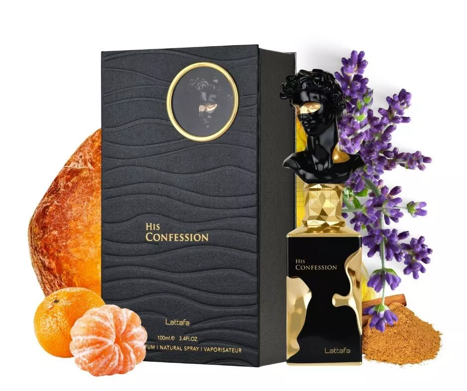 Perfume His CONFESSION da Lattafa com embalagem, tangerinas, âmbar, lavanda e pó