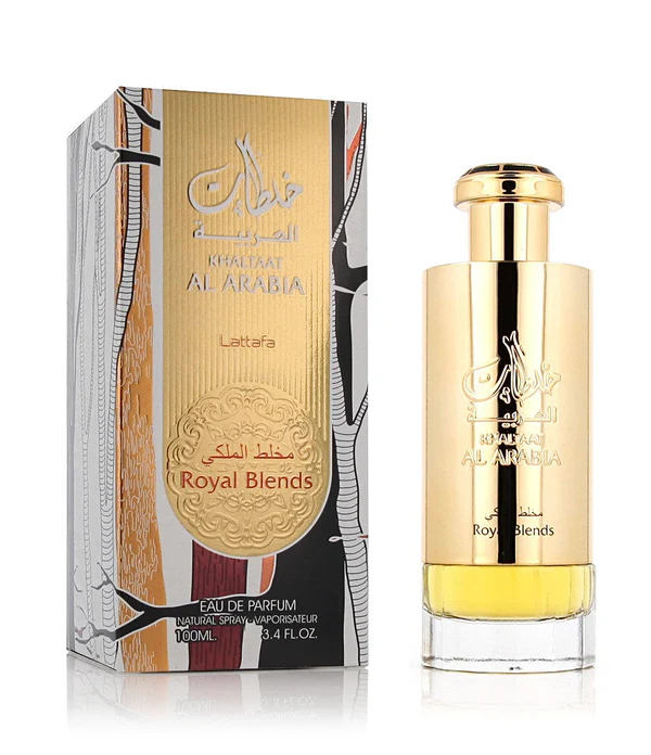 Frasco dourado de perfume e caixa decorativa Royal Blends Lattafa