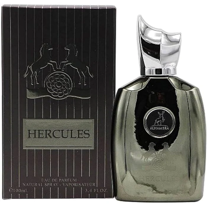 Perfume Hercules em frasco metálico prateado com embalagem preta