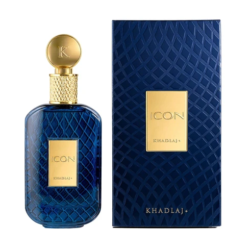 Perfume Icon Khadlaj em frasco azul e caixa azul escura