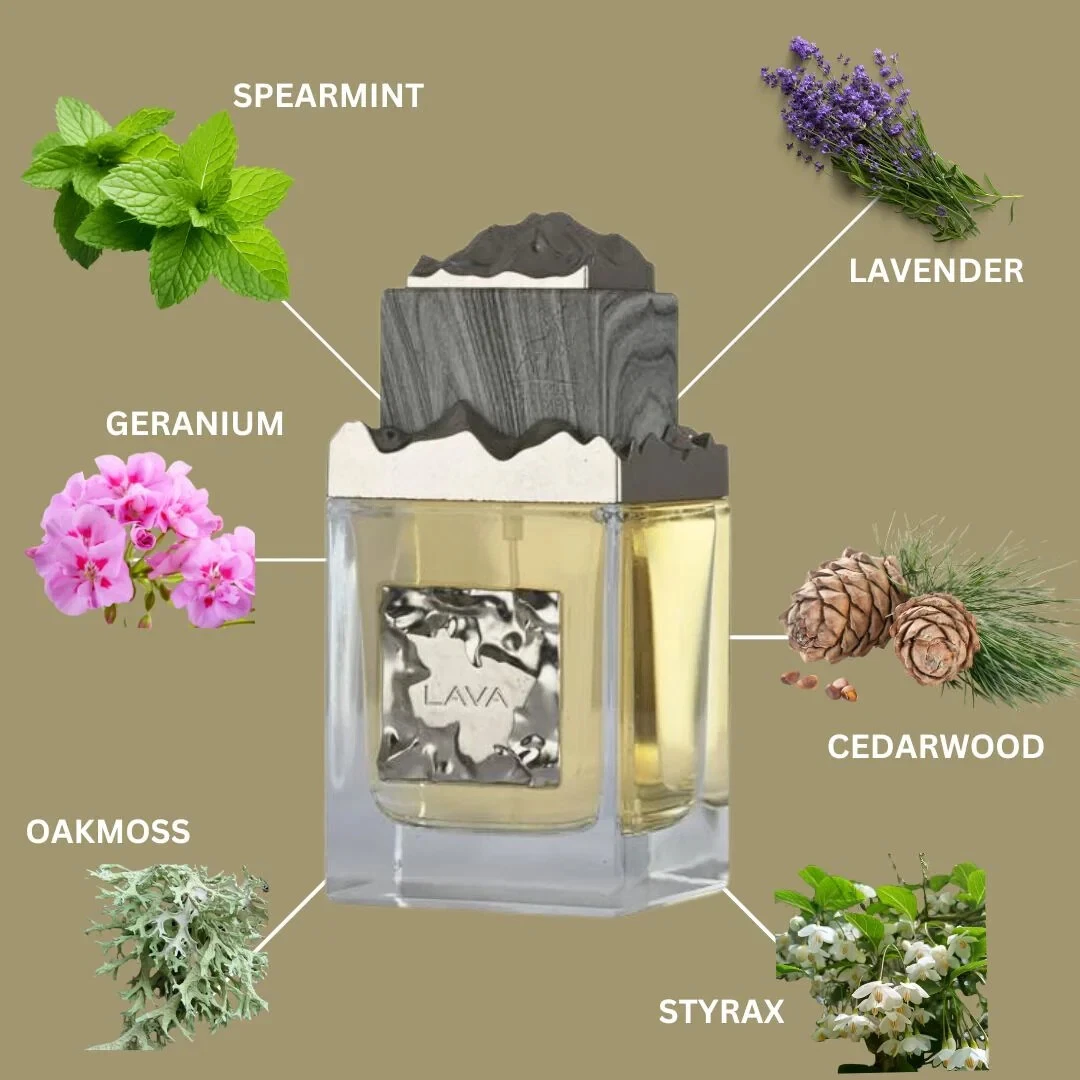 Frasco de perfume LAVA rodeado por imagens de plantas e legenda dos seus ingredientes