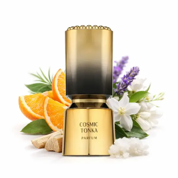 Frasco dourado de perfume Cosmic Tonka com flores, lavanda e laranja em fundo branco