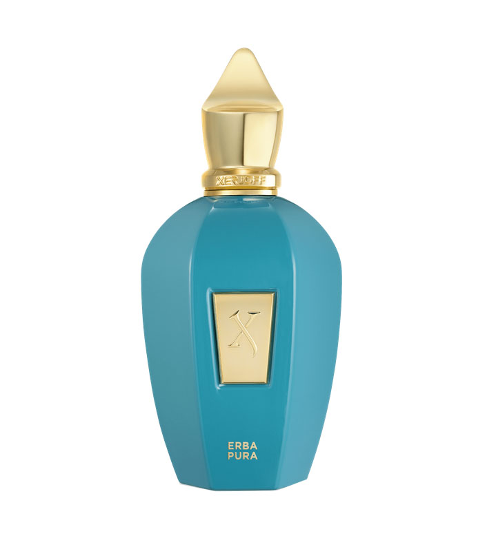 Frasco de perfume azul turquesa com tampa e detalhes dourados