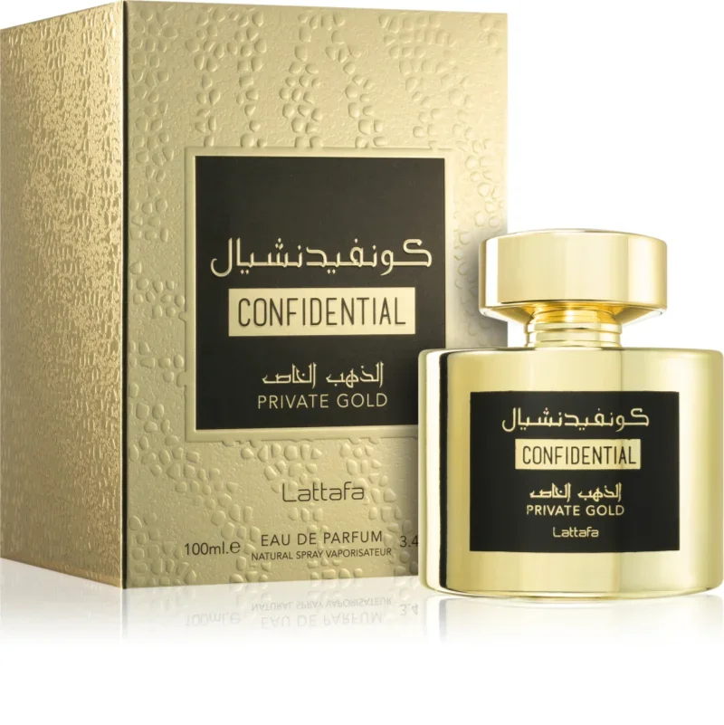 Frasco dourado de perfume com caixa dourada e etiquetas pretas com texto em árabe e inglês