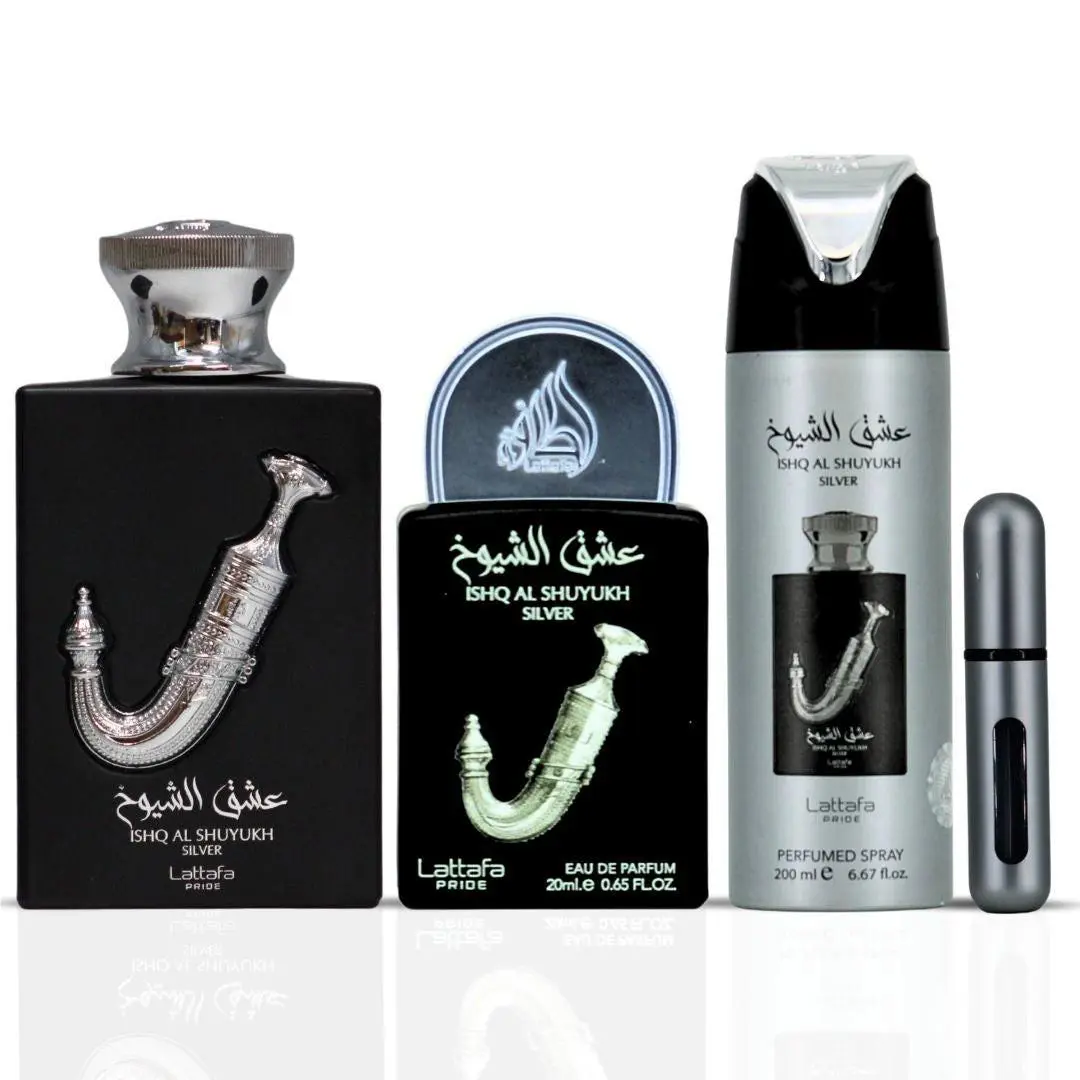 Conjunto de perfumes e spray Lattafa Ishq Al Shuyukh Silver