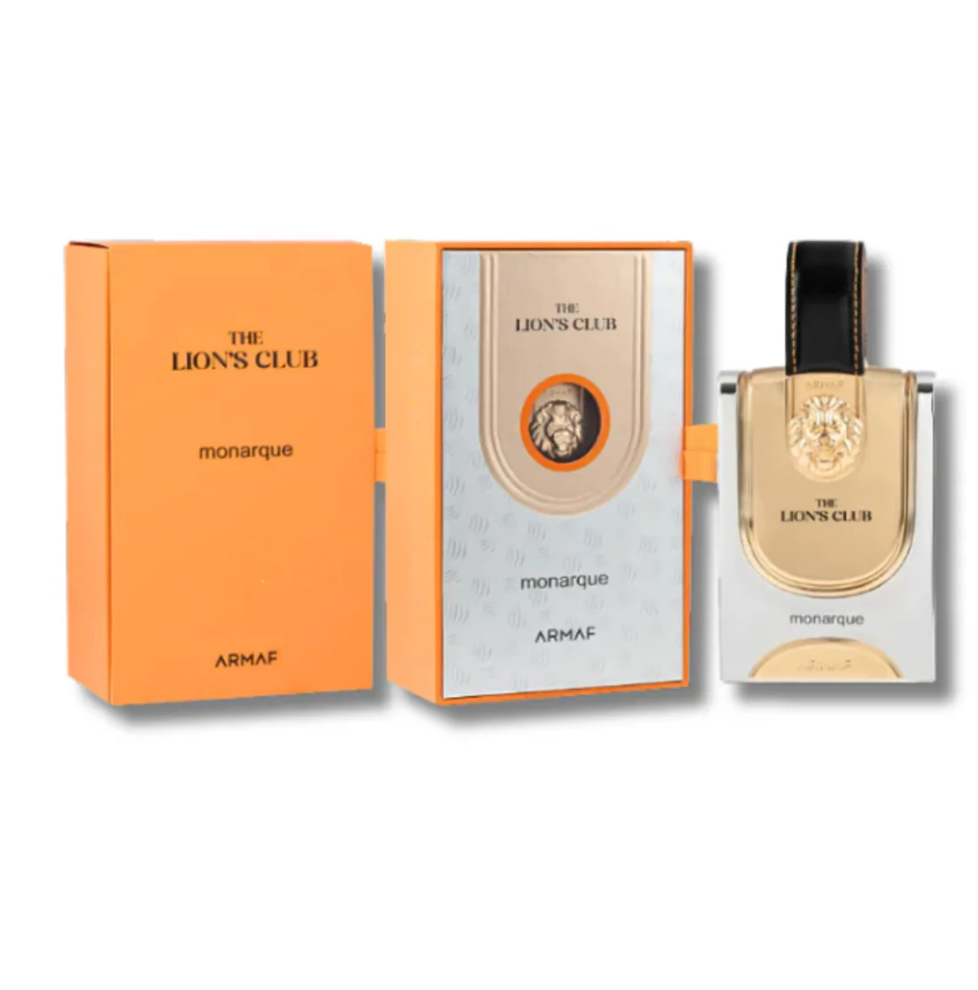 Frasco de perfume com embalagem laranja marcada THE LION'S CLUB