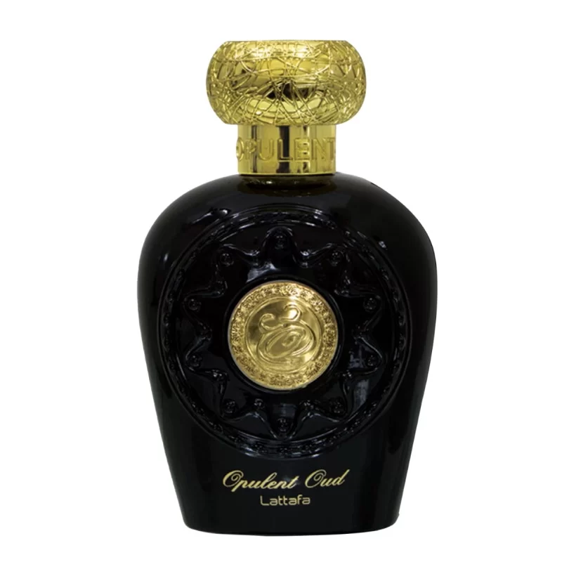 Frasco de perfume preto Opulent Oud da Lattafa com tampa dourada decorativa