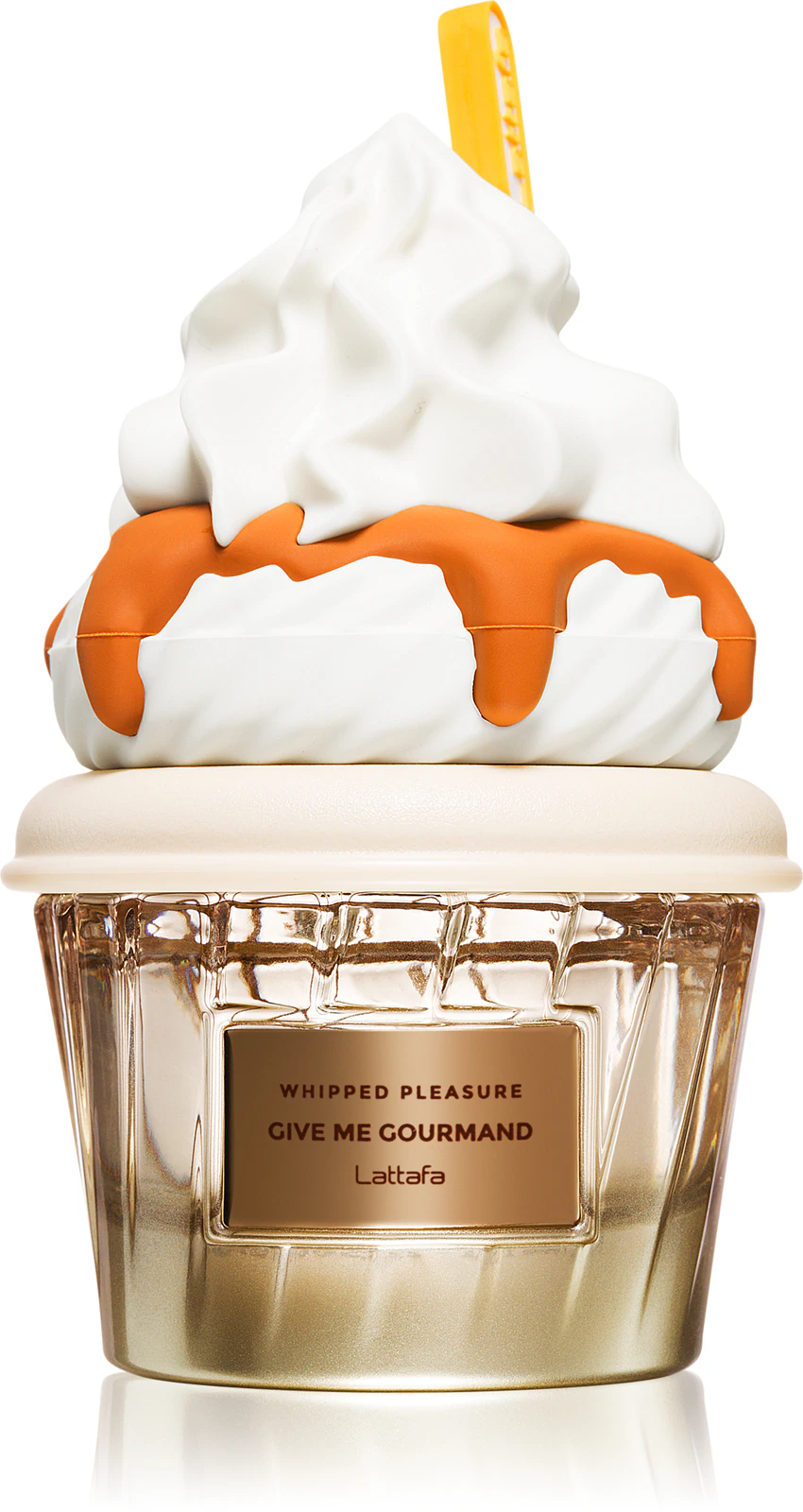 Frasco de perfume com design de chantilly e caramelo