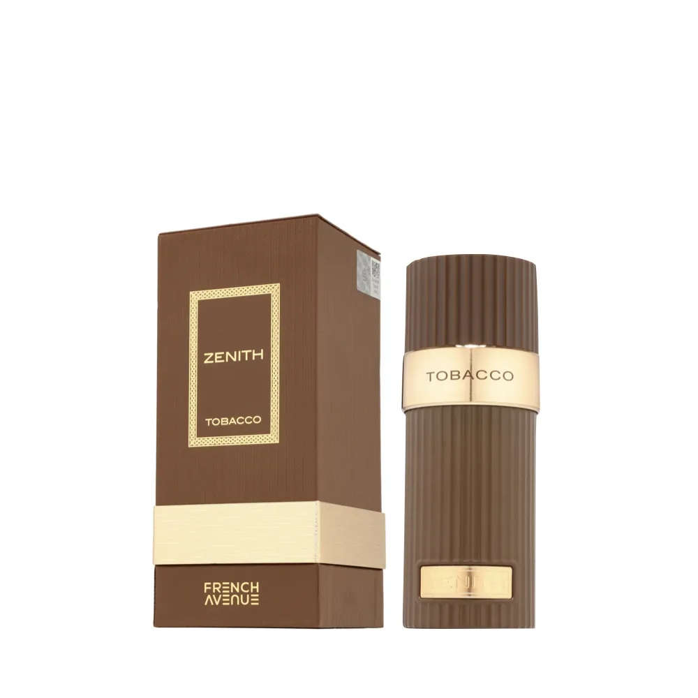 Perfume Zenith Tobacco French Avenue castanho e dourado com embalagem
