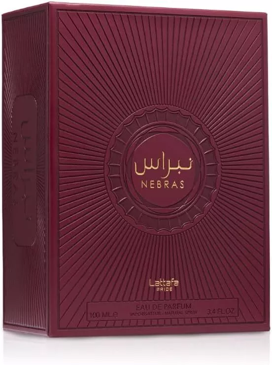 Caixa de perfume Nebras da Lattafa Pride vinho com texto dourado e textura em relevo