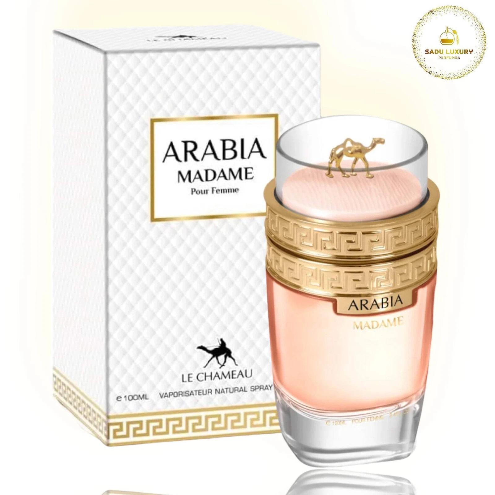 Perfume ARABIA MADAME com frasco decorado e embalagem branca texturizada