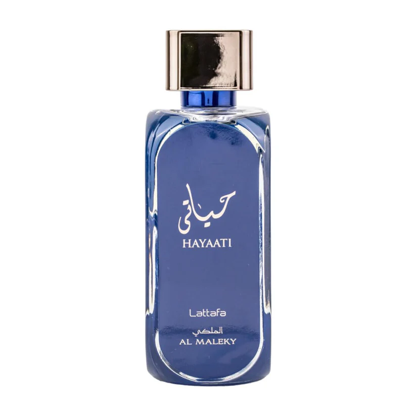 Frasco de perfume azul escuro com tampa dourada e texto branco